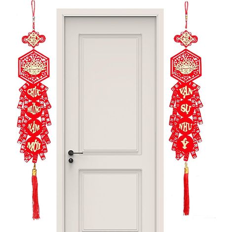 Couplets du Nouvel an Vietnamien Couplets Chinois Nœud Rouge et Glands Rouge Ornements Orientaux , Décorations Murales de Printemps pour le Nouvel An Asiatique, Salon (1/5)