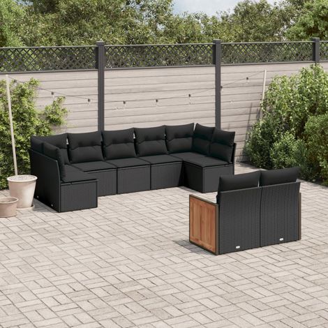 Ensemble Salon Jardin 9 Places Noir Résine Tressée avec Coussins - Meuble Extérieur Modulaire avec Rangement (1/3)