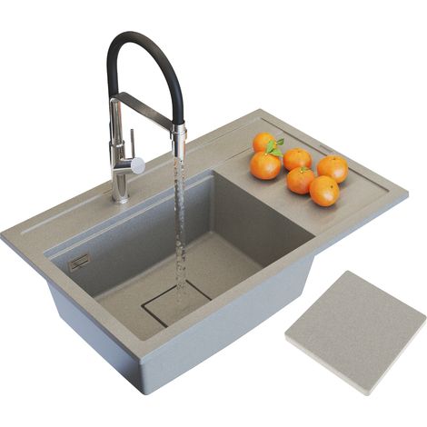 ÉVIER EN GRANIT ROBINET DE CUISINE BEIGE ROBINETTERIE MODERNE ENSEMBLE RENDO (1/5)