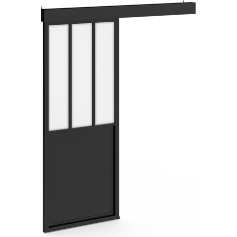 Idmarket – Porte coulissante verrière en métal et MDF noir 83 cm – Verre trempé givré – Rail et fixations inclus – Style industriel moderne