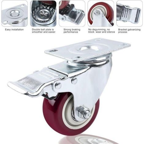 Roulettes de Transport Pivotantes de 100 mm avec Freins Rotation 360 pour Meubles Rouge 1 pice (1/4)