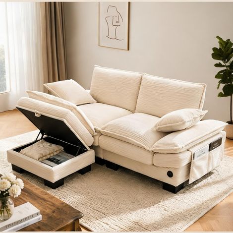 Sofa 2 places en velours côtelé beige avec pouf et port USB-C (1/5)