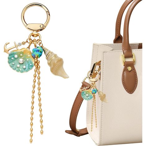 Portachiavi a conchiglia blu da donna, accessorio per borsa, decorazione estiva, motivo marino, ideale per borse e chiavi (1/5)