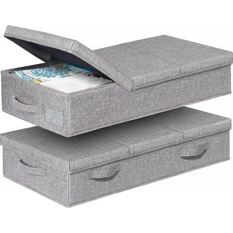 Set di 2 contenitori sotto il letto - Grigio 81 x 41 x 15 cm. Contenitore piatto con coperchio e maniglia, in tessuto pieghevole, ideale per riporre vestiti, coperte e piumoni. (1/5)