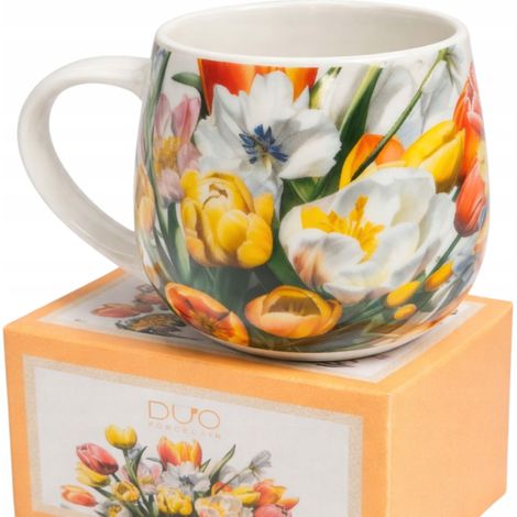 Tazza a forma di botte in confezione regalo con fiori di tulipano, in porcellana, 430 ml, ideale come idea regalo. (1/5)