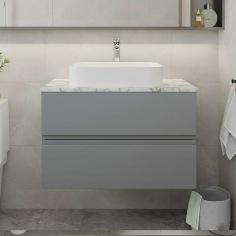 Hudson Reed Urban Wall Hung 2-Drawer Vanity Unit with Carrera Marble Worktop 800mm Wide - Satin Grey (1/4)