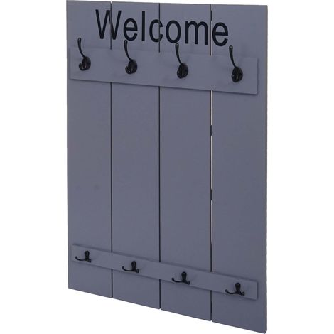 Portemanteau mural HHG-921 Welcome, panneau de vestiaire, look shabby vintage, 91x60cm, gris-bleu