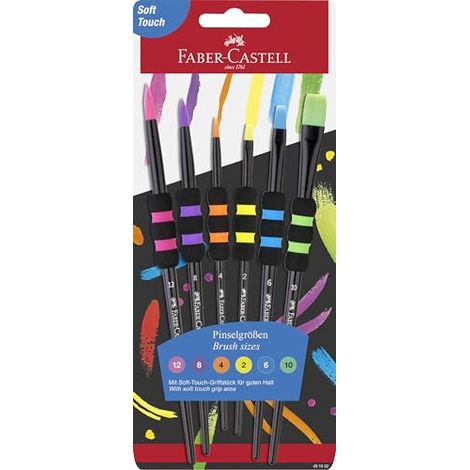 FABER-CASTELL 481622 - Set de Pinceles para el Colegio, 6 Pinceles de Pintura de los tamaños 2, 4, 6, 8, 10 y 12 con Mango Soft-Touch para niños