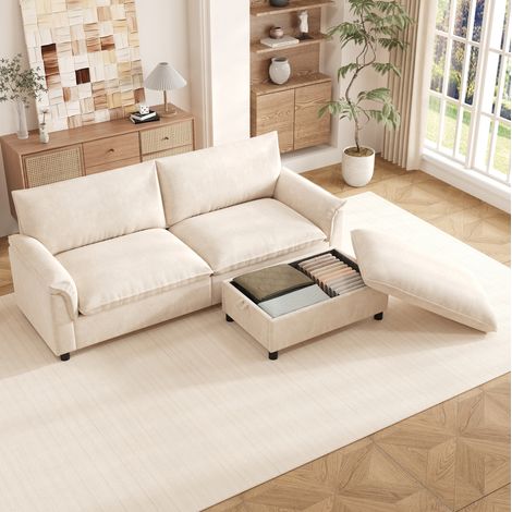 Sofá modular esquinero 216x77x82 cm beige en chenilla con puff móvil, almacenaje oculto y función cama (1/5)