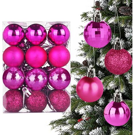 24 Boules de Noël, ø 4cm Sapins de Noël Boule Plastique, 4 Styles Décoration de Noël Boules de Noël en Plastique, Boule d'Arbre de Noël pour Noël, Mariage, Festival (Rose Rouge)