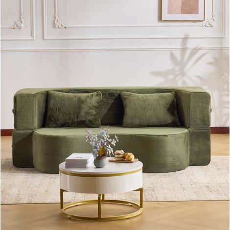 Schlafsofa aus Plüschstoff in Olivgrün, faltbar, 2-in-1 Boden-Futon mit 2 Kissen (1/5)