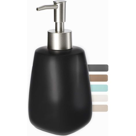 Dispensador de jabón de cerámica negra de 400 ml con bomba de plástico, ideal para lociones y jabones líquidos.