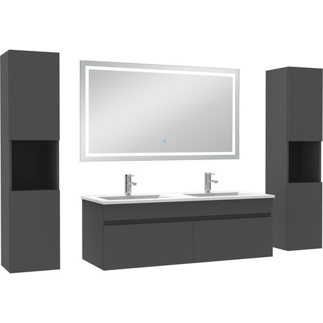 Ocean Ensemble meubles Salle de Bain 120cm avec colonne + miroir lumineux 3 couleurs + dimmable Anthracite