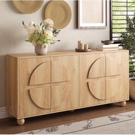 Sideboard 4 portes avec relief circulaire, 160 x 38 x 76 cm, MDF et pin naturel DESVIAE (1/5)
