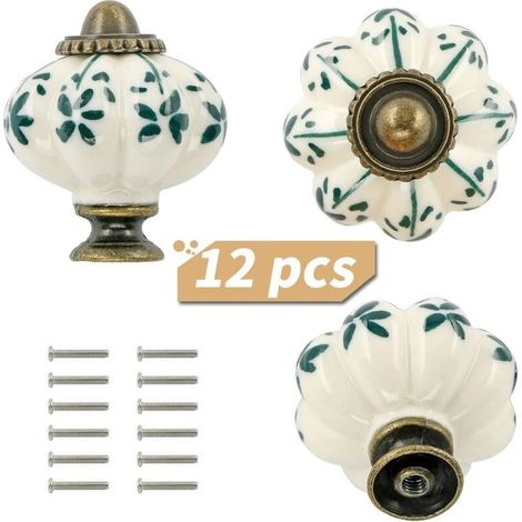 Lot de 12 boutons en céramique ivoire et verte - boutons d'armoire citrouille boutons de commode rétro - tirettes de tiroir vintage avec vis pour tiroir de placard armoire et projet de bricolage à (1/4)