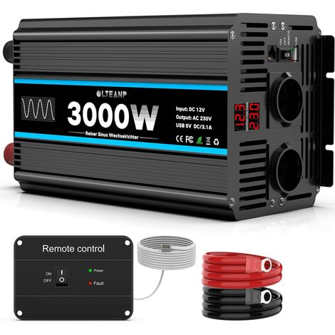 Convertisseur De Tension 12V à 230V Pur Sinus 3000W Convertisseur avec Prises EU Et Port USB -Télécommande Et Affichage LED pour Camping-Car, Caravane, Camping (1/5)