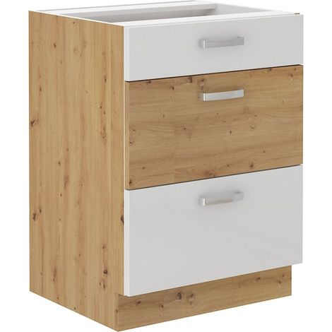 Küchen Unterschrank 60 cm Eiche Artisan + Weiß Hochglanz Vollauszug Soft-Close (1/5)