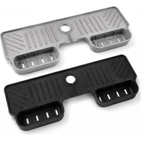 Juego de 2 protectores antisalpicaduras de silicona para grifo, color negro/gris, de secado rápido, para fregadero y bandeja de goteo. (1/5)