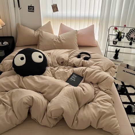 Ultra-weiche Bettwäsche aus gewaschener Baumwolle im zerknitterten Look – 4-teiliges Bettwäsche-Set mit Spannbettlaken für 180x220 cm Bett, ideal für Studentenwohnheime und Jugendherbergen (Modell Mil