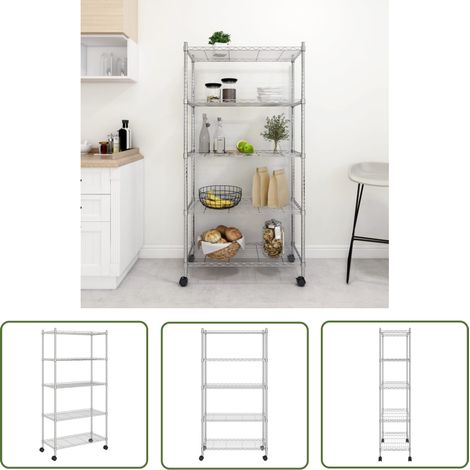 The Living Store Étagère de rangement 5 niveaux roues 75x35x155 cm Chrome 250 kg - Étagère De Rangement - Étagère Industrielle - Meuble De Rangement - Rangement Vertical - Organisation Maison (1/5)
