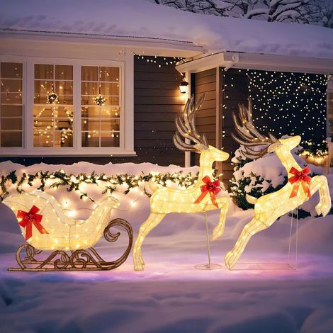 COSTWAY Set di 3 Renne Natalizie Illuminate e Slitta, Famiglia di Renne Natalizie con 280 Luci LED Bianche Calde, Decorazione Natalizia per Giardino, Cortile e Prato (Modello 9) [Classe di efficienza (1/5)