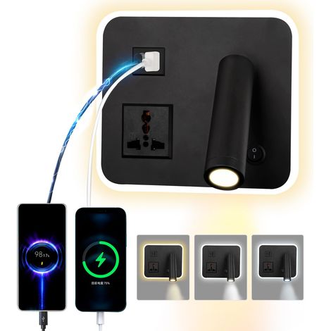 Lampe murale LED 12W avec prise universelle et USB Type-C, double interrupteur, charge réglable, pivotante, gradation tricolore (Noir carré)