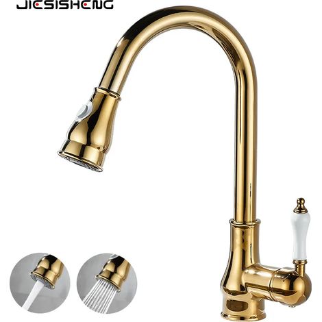 (Gold 2 Mode) Robinet de cuisine en laiton antique avec bec extractible, mitigeur de cuisine pivotant à un trou noir pour eau chaude et froide. (1/5)