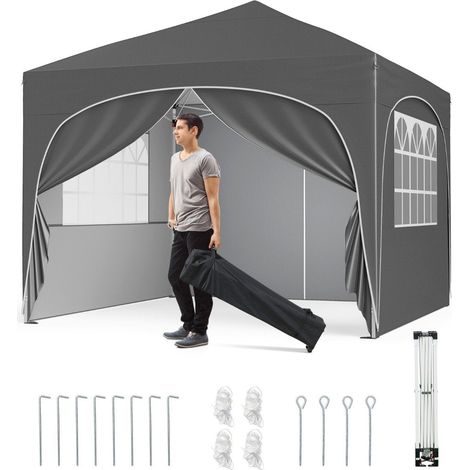 3x3 m Pop-Up-Pavillon mit 4 abnehmbaren Wänden, Grau