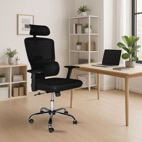 Silla de oficina Ant con respaldo de malla y reposacabezas regulable, base cromada negra
