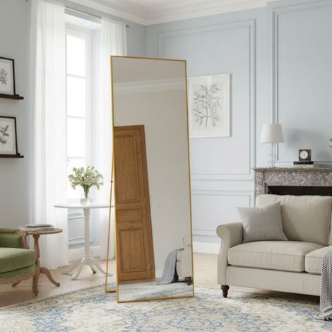 Miroir sur pied, Film antidéflagrant, 164x54 cm, cadre en métal, verre trempé haute définition, support réglable, Suspendable - Doré (1/5)