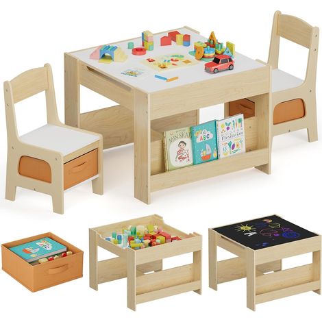 Ensemble Table et 2 Chaises pour Enfants,Mobilier Enfant en Bois avec rangements et étagères,Plateu Réversible,Jaune (1/5)