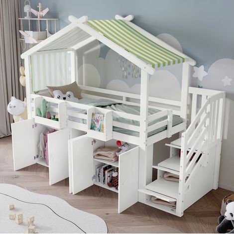 Cama litera infantil 90 x 200 cm con escalera y armario, blanco/verde (1/5)