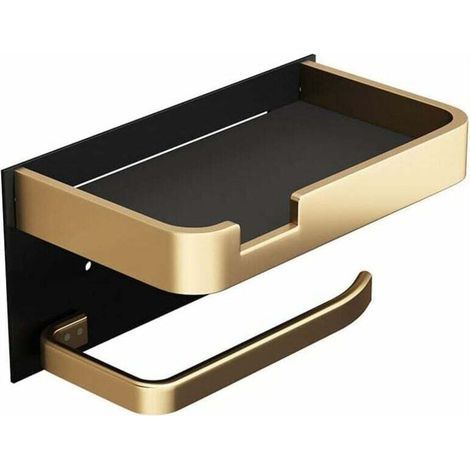 Wall-Mounted Toilet Paper Holder with Telephone Shelf, Modern Adhesive Toilet Roll Holder in Gold and Black, Toilet Paper Dispenser for Bathroom