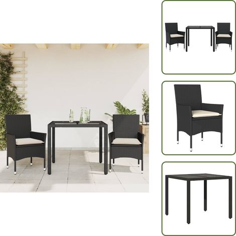 Ensemble à manger de jardin et coussins 3 pcs noir rotin verre - Meubles De Jardin - Salon De Jardin - Set De Jardin - Mobilier D'extérieur - Table De Jardin (1/5)