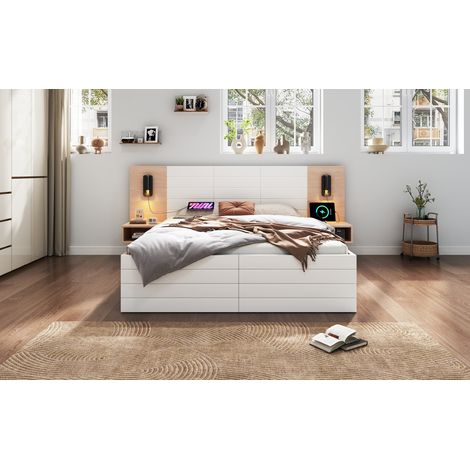 Lit double en bois 140×200 cm avec 2 tiroirs, tête de lit avec liseuse et fonction de charge USB, lit moderne avec 2 tables de chevet, cadre de lit et sommier à lattes 215×80×207 cm ensemble en chêne/