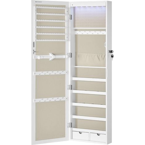 Songmics – Armoire à bijoux murale verrouillable – 2 tiroirs de rangement – Miroir et pochette pour colliers – MDF blanc et velours grège – Dimensions 10x30x120cm (1/5)