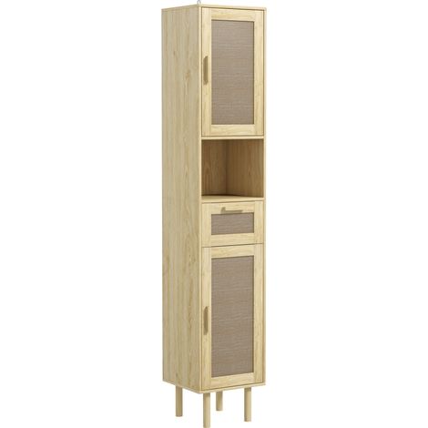 Meuble salle de bain colonne rangement salle de bain avec portes en rotin tiroir 2 placards 32 x 30 x 170 cm chêne