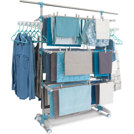 Séchoir à linge modulable IDMARKET - Blanc/bleu - Grande capacité - Plus de 30 accessoires