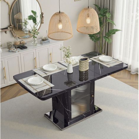 Mesa de comedor extensible 120 a 160x80x76 cm, tablero efecto mármol negro, MDF, acero y vidrio negro (1/5)