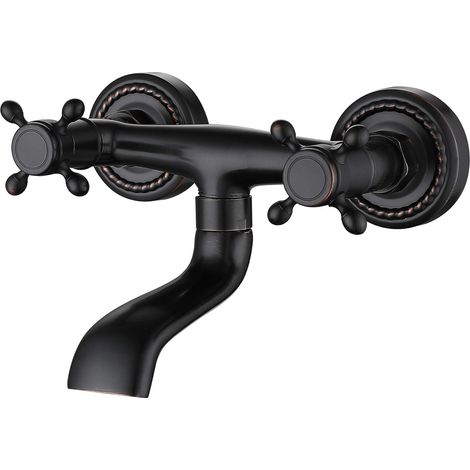 Grifo de bañera de estilo europeo SJQKA, completamente de cobre negro, grifo de baño montado en la pared, grifo de bañera de doble manija con agua fría y caliente (1/5)