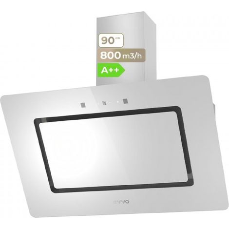 EVVO Hotte Aspirante 90 cm de Largeur Décorative Filtre Aluminium et Charbon Actif Finition Blanc Verre Puissance 800 m³/h (1/5)