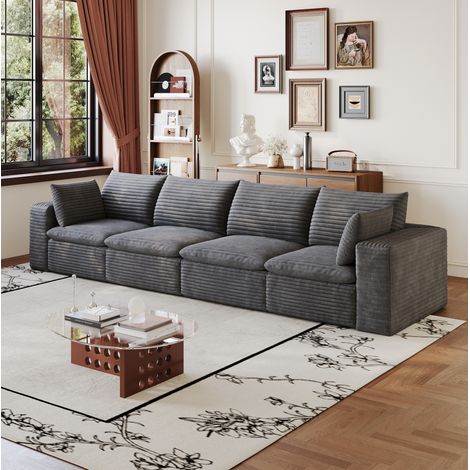 Divano lineare modulare 4 posti 340x90x82 cm in tessuto a coste grigio scuro - MEUBLIV (1/5)