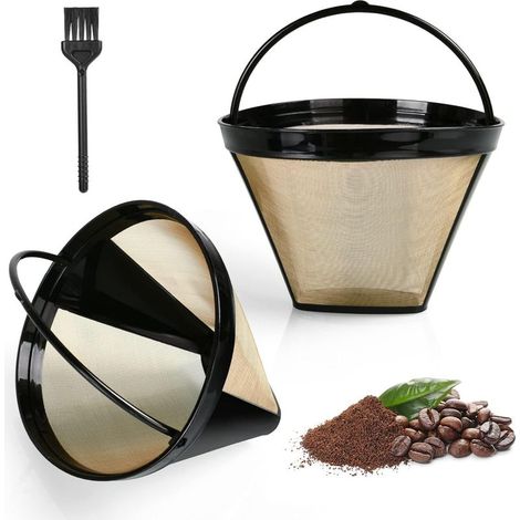 Wiederverwendbarer Kaffeefilter, 2 Stück, Größe 4, mit Bürste, permanenter Kaffeefilter mit Griff, kegelförmiger Kaffeefilter mit waschbarem Siebeinsatz für Kaffeemaschinen, Gold (1/5)