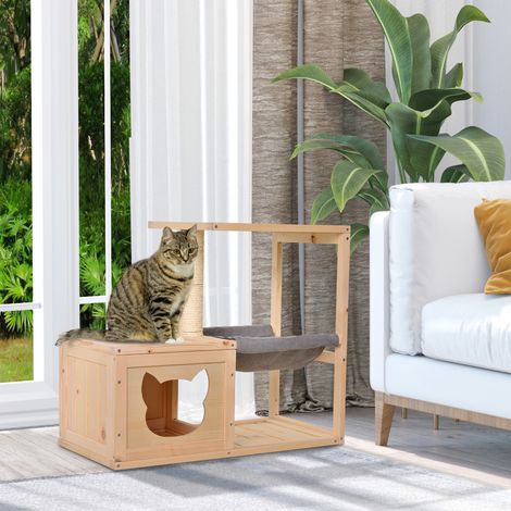 Grotte pour chat, panier avec hamac, poteau à griffer en sisal, plateforme, maison pour chat en bois, griffoir pour chats d'intérieur, 70 x 35 x 60 cm, naturel (1/5)