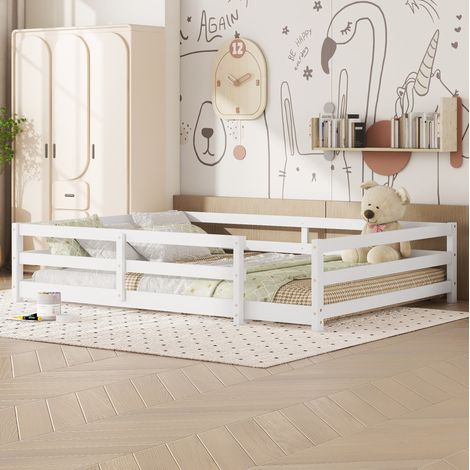 Lit enfant Montessori 140x200 avec barrière 4 côtés, sommier à lattes inclus, blanc DESVIAE (1/5)