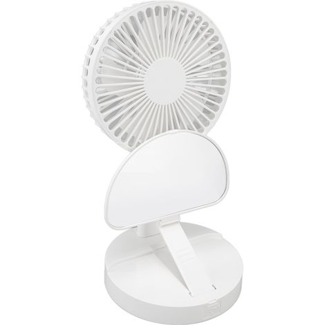 Ventilateur de table USB, pliable, rechargeable, avec miroir cosmétique intégré, base en silicone, 3 vitesses, blanc, mini ventilateur (1/5)