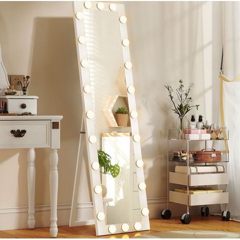 Espejo de pie LED 150x40 cm, vidrio templado, marco MDF blanco, 24 bombillas – MEUBLIV (1/5)