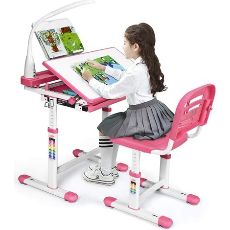 Goplus – Bureau enfant avec chaise réglable – Surface inclinable 0°-40° – Lampe LED ajustable – Tiroir de rangement – Charge 80kg – Couleur rose (1/5)
