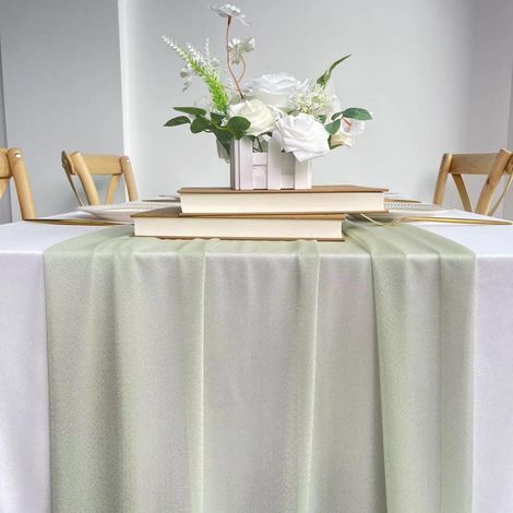 Chemin de table en mousseline 77x305 cm vert sauge pour mariages et fêtes