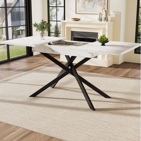Esstisch 120-160x80x76.5 cm Weiß-Schwarz aus MDF und Metall ausziehbar mit Kreuzbeinen (1/5)